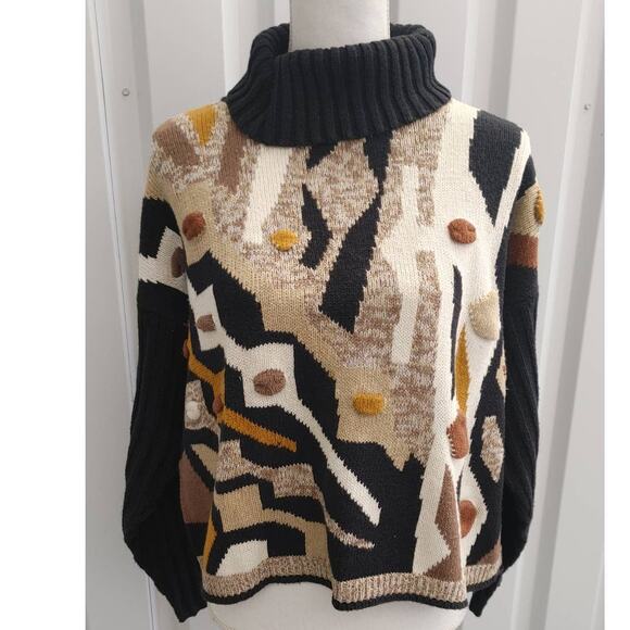 Vintage Casa Maglia Sweater Turtleneck Large Ramie Cotton 3D Geometric - Picture 1 of 3